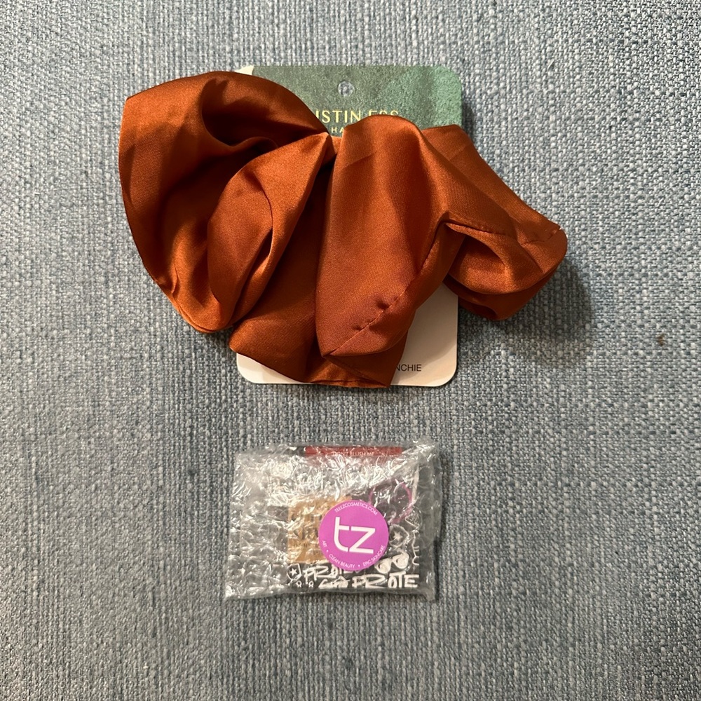 Kristen Ess oversized scrunchie and Teez cosmetics blush